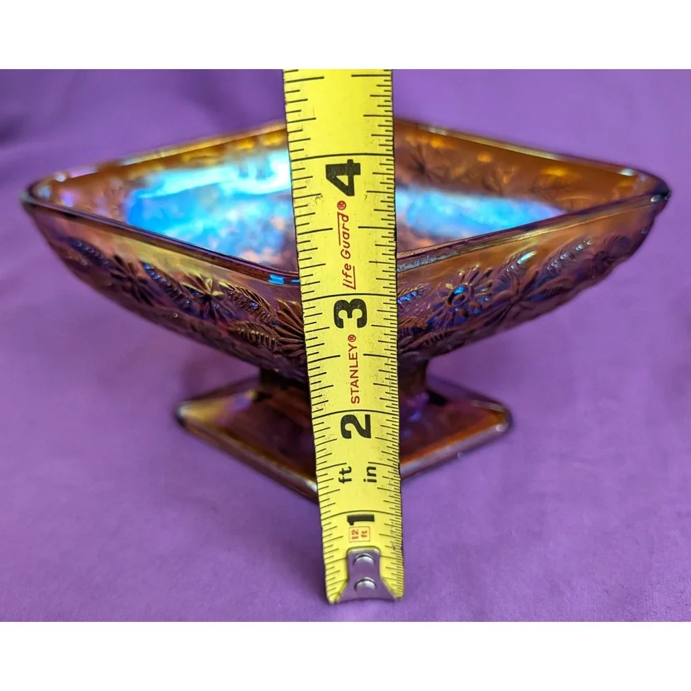 Indiana Carnival Glass Diamond Shaped Pedestal Dish Amber Iridescent Vintage
